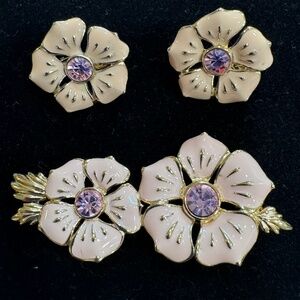 Trifari Gold Tone Pink Enamel and Rhinestone Brooch and Matching Clip Earrings